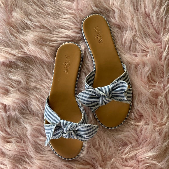 J. Crew Shoes - New Size 6.5 J Crew Blue & White Bow Sandals Slides Flats